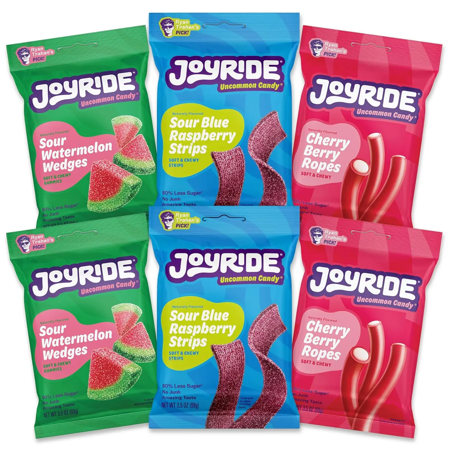 JOYRIDE Fan Favorite Variety Pack - Healthy Candy, 6-Pack Bundle Includes Blue Raspberry Strips, Cherry Berry Ropes, and Watermelon Wedges. Low Sugar, Dye Free, Low Calorie Sour Gummies Snack Fruit Chewy Sweet