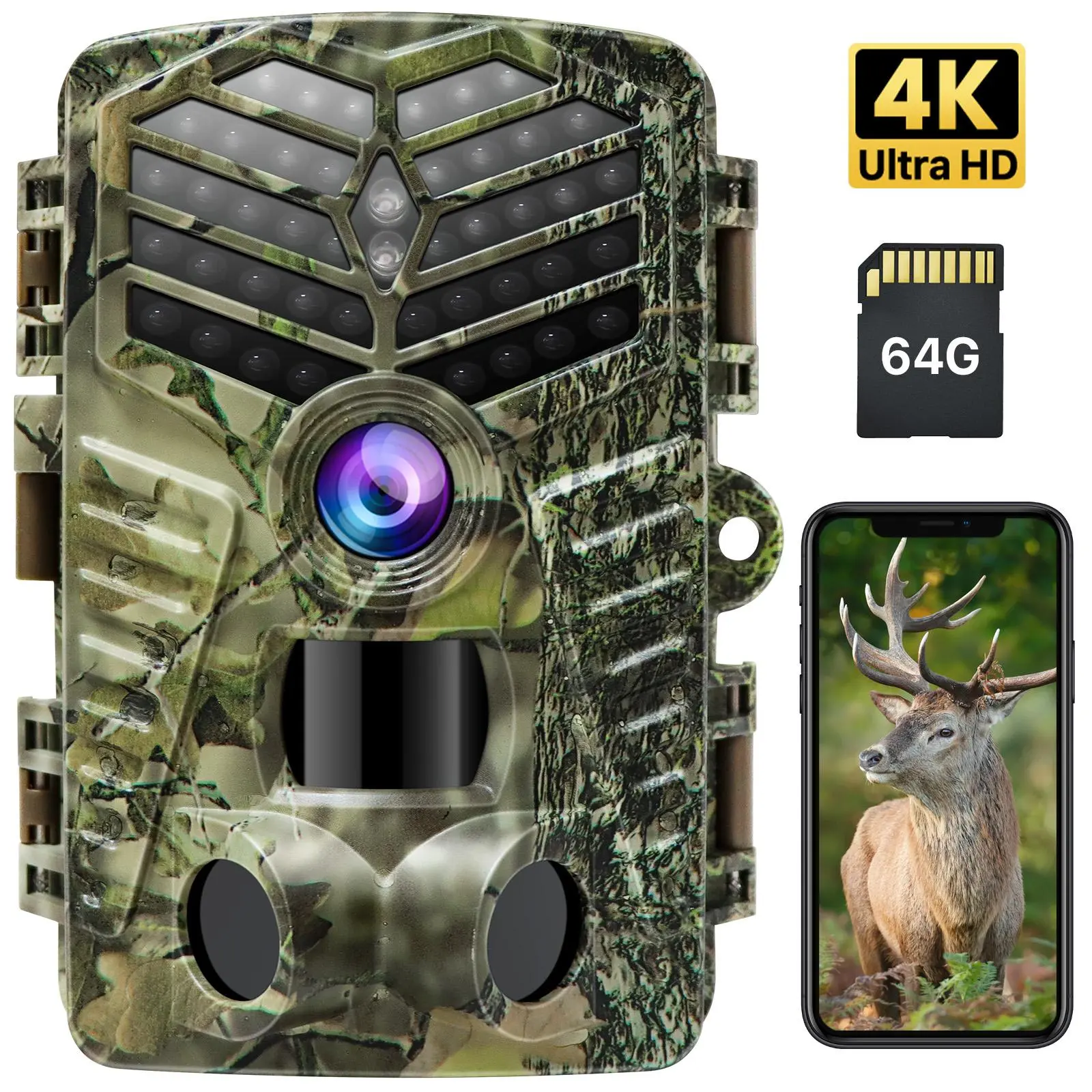 XTU 4K 48MP Wireless Trail Camera - Outdoor Security Camera with WiFi Bluetooth, IP66 Rated Waterproof, Night Vision, Motion Activation, 64GB SD Card, 120° Detection Angle, High-Resolution Imaging for Wildlife Monitoring