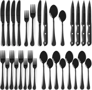 24-Piece Black Silverware Set with Steak Knives, Flatware Set for 4, Food-Grade Stainless Steel Cutlery Set, Mirror Polished Process Utensils Set, Include Spoon and Fork for Home Kitchen Restaurant