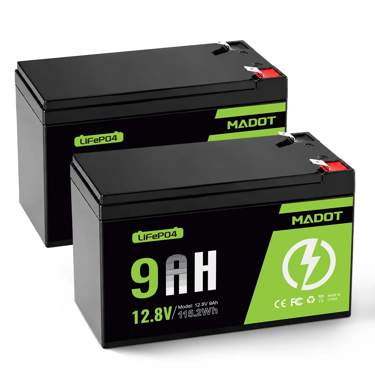 MADOT 12V 9Ah LiFePO4 Battery, 115.2Wh Rechargeable Deep Cycle Lithium Battery with 15A BMS, Replacement for Alarm Systems, Fish Finders, UPS, Lighting & Ride-On Toys Energy Storage