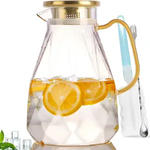 Glass Pitcher,74oz/2.2 Liter Water Pitcher with Lid,Beverage Serveware,Iced Tea Pitcher,Water Carafe Handle,Heat Resistant Borosilicate Jug（with Mixing Spoon and Cup Brush）