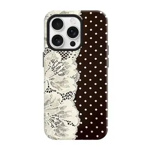 Vintage Elegant Brown Polka Dot Lace Smartphone Case - Durable Shockproof Lightweight Protective Cover, Cellphone Casing for iPhone 14/15/16/17 Series Handheld Devices, Aesthetic Tech Accessories