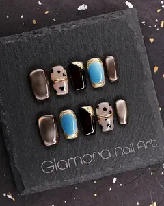 Coffee & Turquoise Contrast Press-On Nails – Handmade Urban Art Nail Design | FDA-Approved