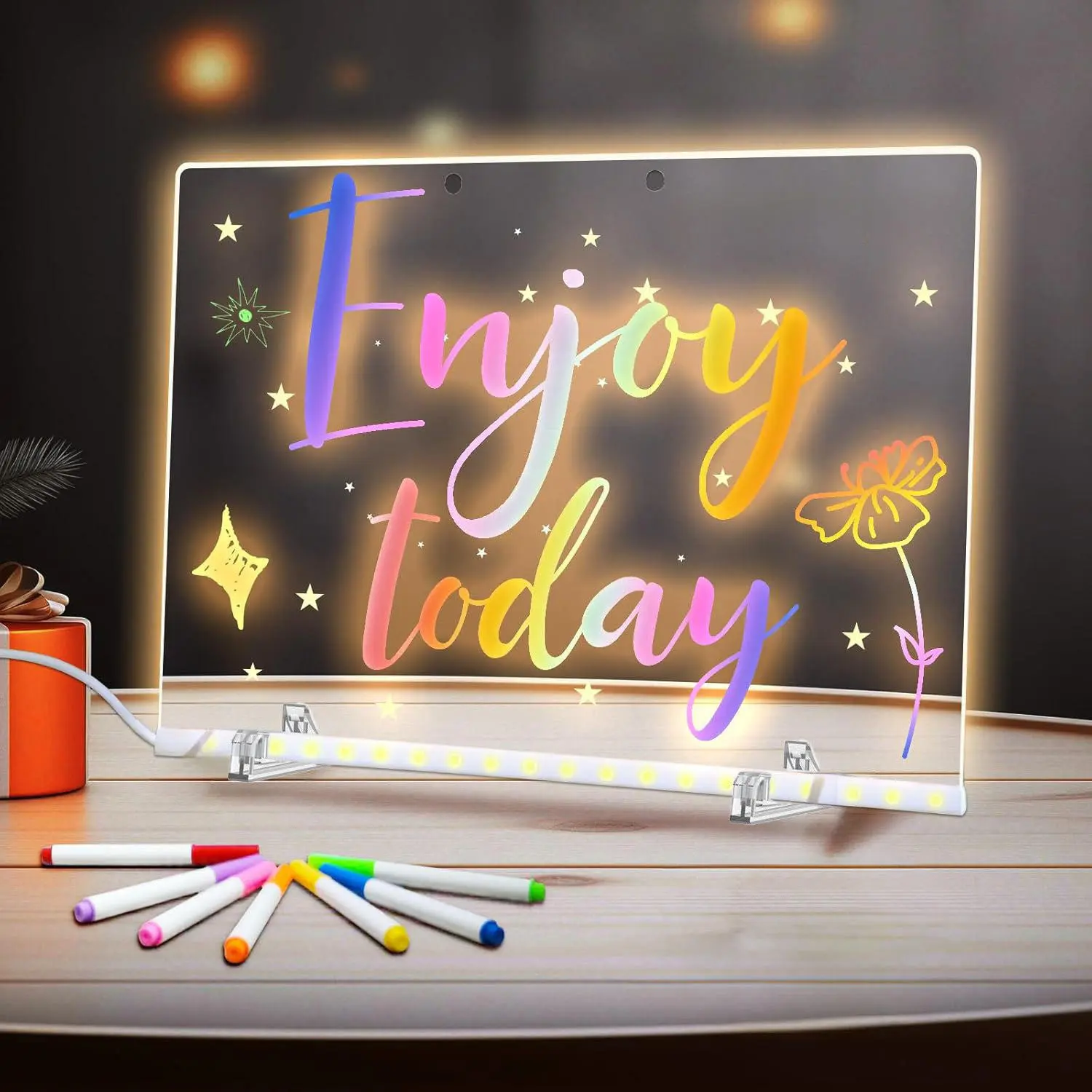 LED Message Board Acrylic Dry Erase Light-Up Board with Stand Markers Cleaning Cloths Tracing Paper Erasable Reusable Kids Learning Gift for Birthday Halloween Christmas Decorative Neon Sign