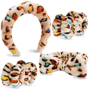 Velscrun 6 Pack Spa Headband, Makeup Headband, Face Wash Headbands, Skincare Headbands, Sponge Hair Band Bow Tie Spa Head Band for Washing Face Wristband Set Hair Accessories for Women Gifts Leopard D