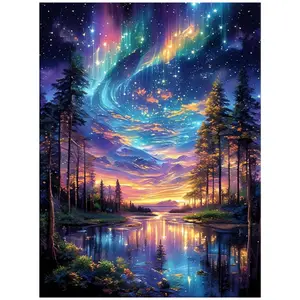 Aurora borealis forest with starry river and pine tree reflection wall art.Multiple sizes available including square and round diamonds. This 5D DIY diamond painting set diamond art embroidery kit handmade furniture decor holiday art personalized gift.