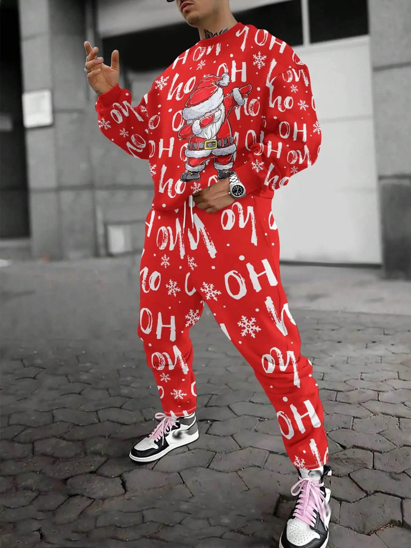 Trendy Christmas Print Hoodie Set, Casual Fitted Pants, Long Sleeve, Below the Ankle, Fall & Winter, Daily Wear, Running & Outdoor