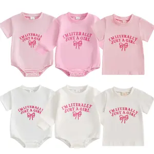 Newborn Baby Girl Outfit I'm Literally Just A Girl Bow Embroidery Sweatshirt Bubble Romper Cute Long Sleeve Bodysuit T shirt