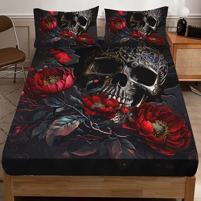3pcs Floral Skull Decorative Bedding Set, High-Definition Digital Print, Polyester Material, Ideal for All Seasons, Floral Sheets, Bed Sheet Sets, Bed Linens, Bedding Essentials