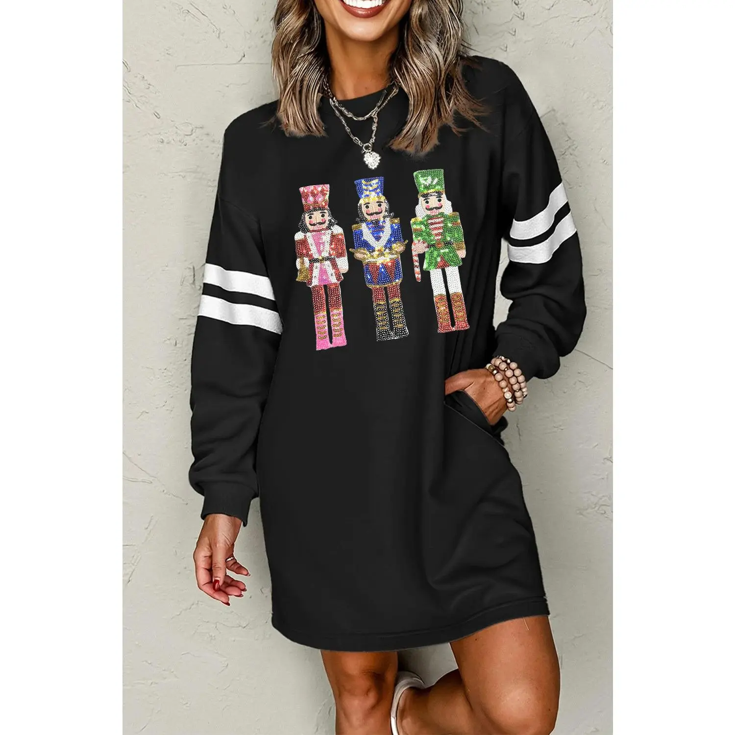 Black Christmas Nutcracker Sequins Patch Varsity Striped Sleeve Sweatshirt Dress