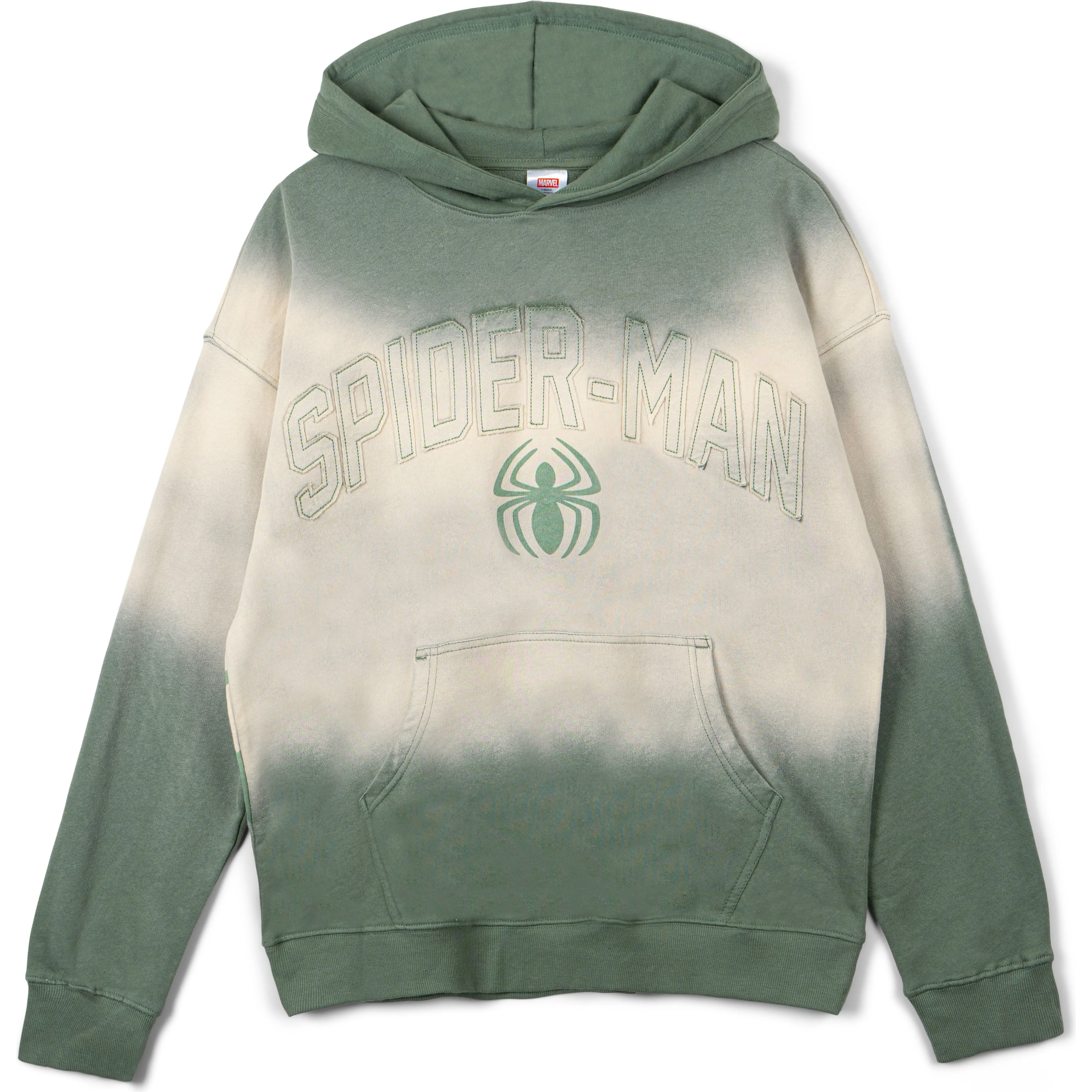 Marvel Spider-Man Women's Embroidered Pullover Hooded Sweatshirt, Olive Cream Drop Shoulder Long Sleeve for Everyday Street Style, Jersey, Ribbed, Unisex, Athletic, Casual, Drawstring