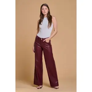 Donna - Super Stretchy Faux Leather High Waisted Straight Leg Colored Pants Black Fashionable Women's Trousers