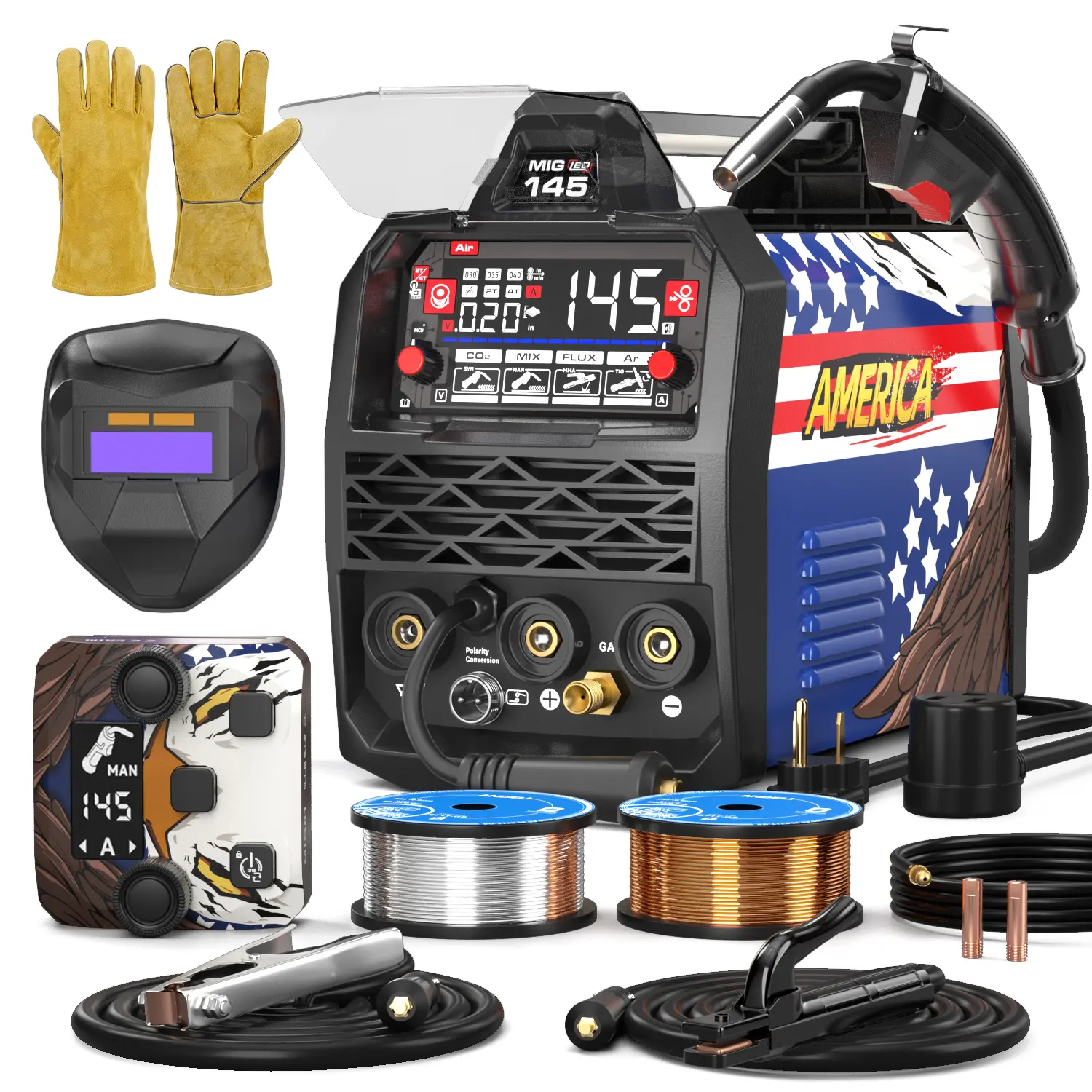 【DealsForYouDays】ANDELI MIG-145 145A 4-in-1 Multi Process Welder, 110V/220V Dual Voltage IGBT Inverter Unit, Gasless MIG, Stick, Lift TIG, Synergic Digital Display, Portable, Remote Control Compatible for Garage DIY Repair, Gasless Mig Welder