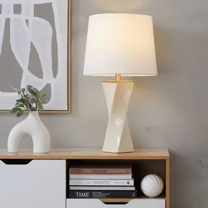 LumiSource Curvo 27" Contemporary Table Lamp Cream Ceramic, Gold Metal, and White Linen