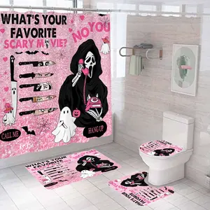 1/4pcs Four-piece pink Halloween shower curtain set, includes rug, fun ghost shower curtain, waterproof pink shower curtain, spooky gothic skull pumpkin bat Halloween bathroom decoration.