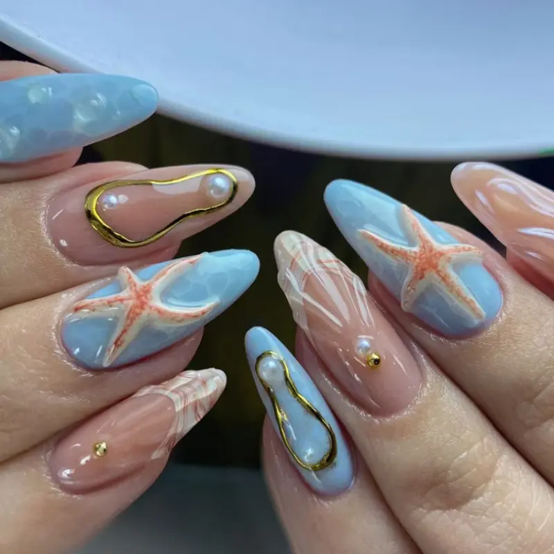 24pcs Almond Nails, Nude Sea Salt Blue Ocean Style, Reusable, Multiple Sizes, Includes Jelly Glue and Nail File, Perfect for All Seasons