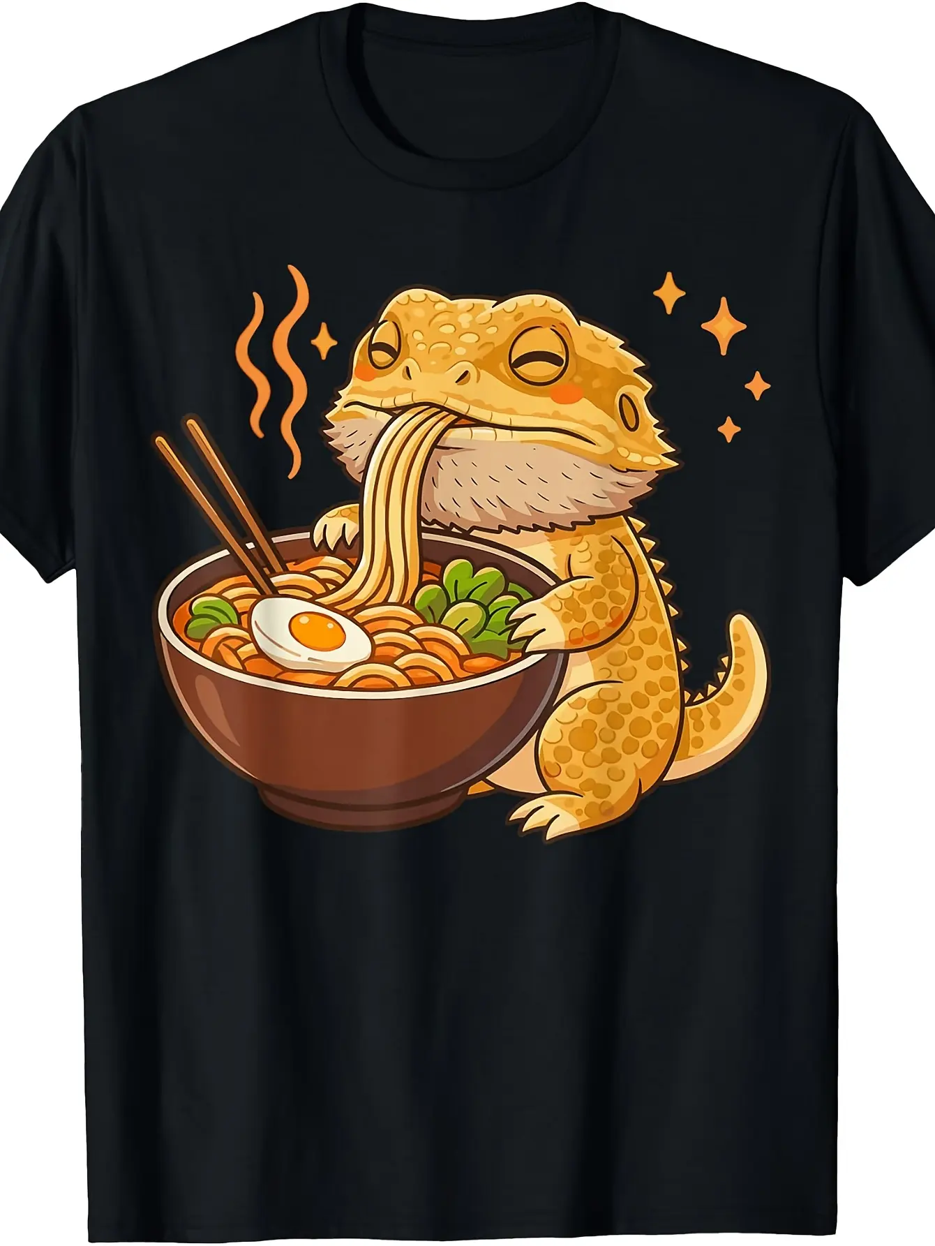 Bearded Dragon Eating Ramen Noodles T-Shirt| Vintage Style, Crew Neck, Slight Stretch Fabric, Regular Fit, Perfect For Adults, Drawing Pattern