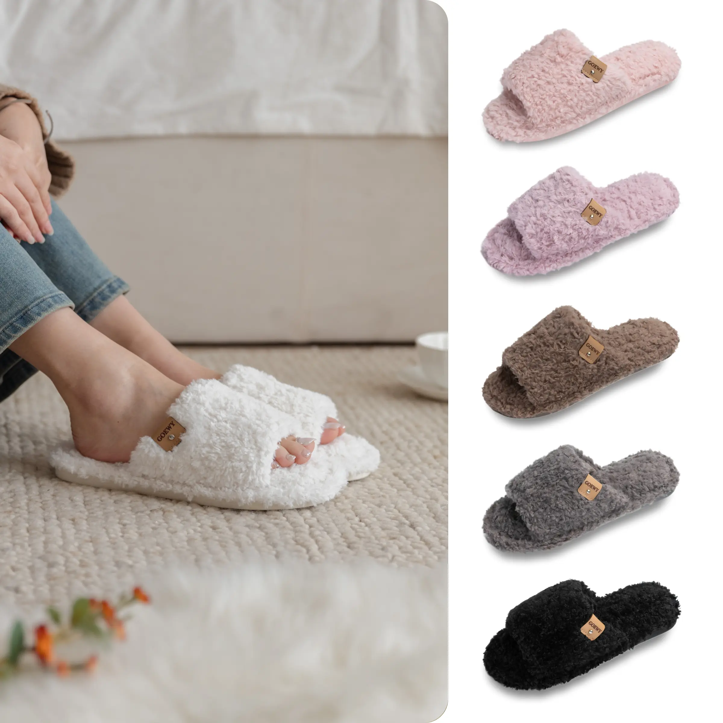 Fuzzy Open Toe Slippers for Women Indoor Cozy Memory Foam Slip On House Slides Shoes Gifts for Her Mom Size 5-12 Non-Slip Soft Faux Fur Footwear - Girl