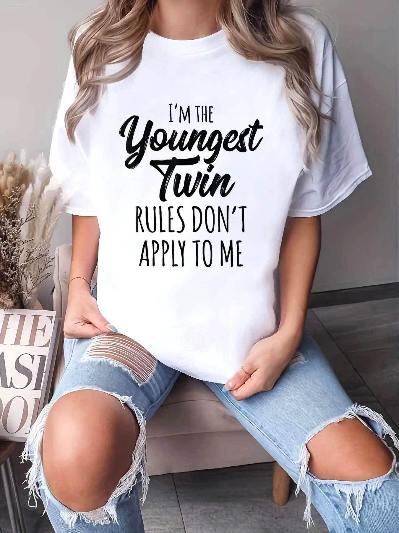 100% Cotton Unisex Twins Shirts Birthday Funny Siblings Youngest Twin T-Shirt -Short Sleeve T-Shirt Women's Men's Graphic Tee Causal Tops