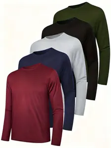 Men's Round Neck Long Sleeve T-Shirt Set, Casual Knitted Polyester Top, Moisture-Wicking Breathable, All Seasons Basic, Flag Print Knitwear