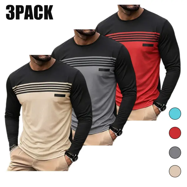 Men's 3-Pack Retro Colorblock Stripe Long-Sleeve Crew Neck T-Shirts, Casual Breathable Polyester Pullover Tops, Soft Base Layer, Alternative Fashion Set