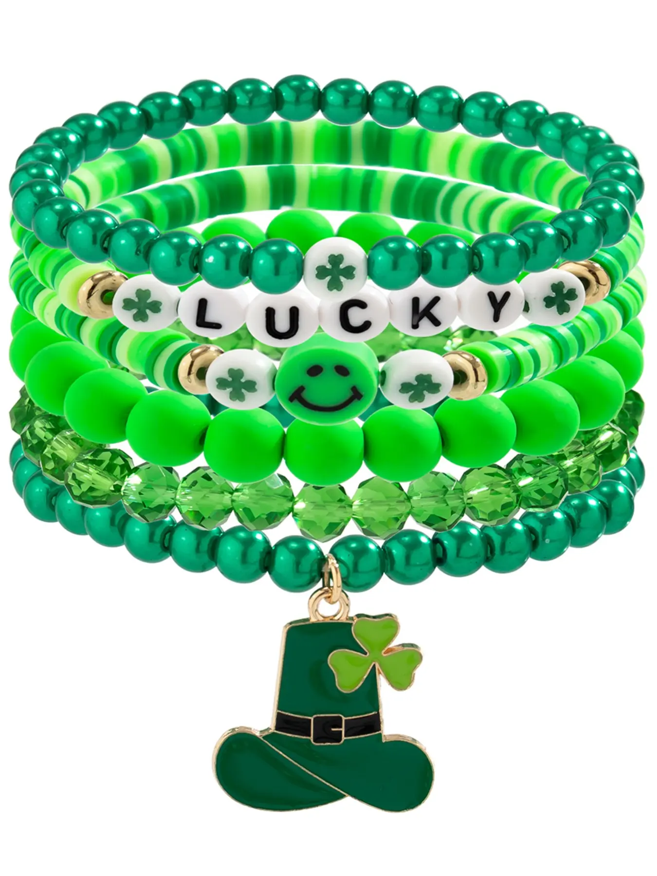St Patrick's Day Acrylic Beaded Soft Clay Letter Stackable Layered Bracelet Set, Stackable Bracelets, Clover Element Party Jewelry Accessories, 6 Piece Gift