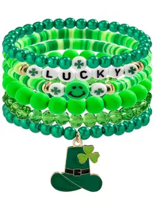 St Patrick's Day Acrylic Beaded Soft Clay Letter Stackable Layered Bracelet Set, Stackable Bracelets, Clover Element Party Jewelry Accessories, 6 Piece Gift