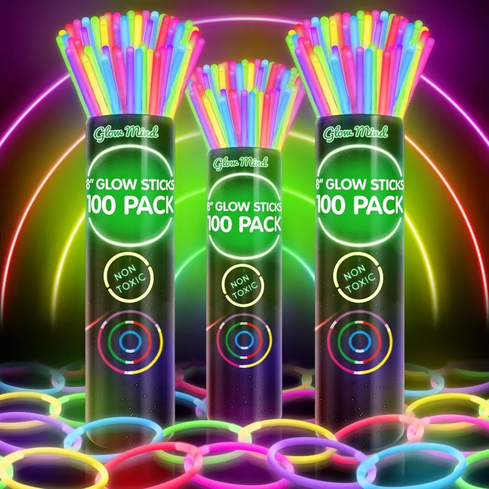 8" Ultra Bright Multicoloured Glow Sticks Bulk Pack - 300-Count Party Decoration Supplies, Light-Up Favors with Bracelets, Necklaces for Child, Halloween, Birthday, Long-Lasting Festive & Party Gifts, Kit