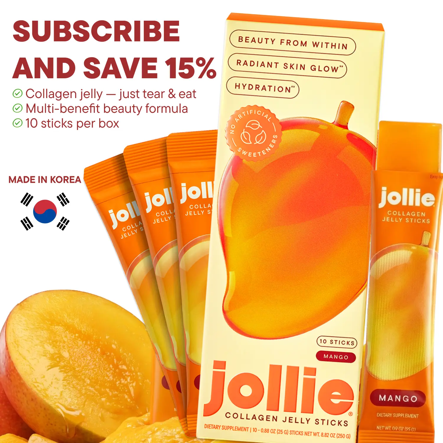 Jollie Edible Collagen Jelly Sticks, Mango Flavor - Korean-Made Sugar-Free Chemical-Free Healthcare Dietary Supplement with Marine Collagen, Hyaluronic Acid, Probiotics, CoQ10, Glutathione, Natural Ingredients, Anti-Oxidants for Skin Care, Easy to Eat