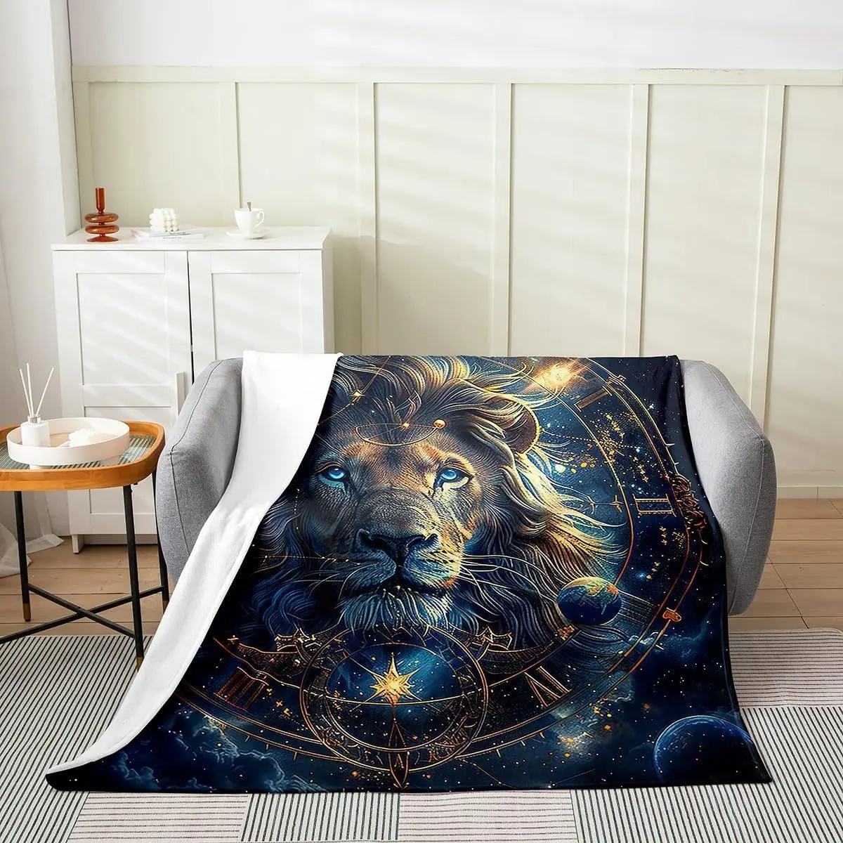 Lion Flannel Blanket for Kids,Leo Constellations Astrology Zodiac Golden Glitter Fleece Throw Blanket for Bedroom Sofa,Wild Animal Starry Blue Galaxy Bed Blanket,Baby