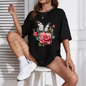Elegant Women S Floral Print Crew Neck T Shirt Soft Breathable Short Sleeve Top Featuring Pink Rose and Green Foliage Design Versatile Summer Party Wear Perfect for All Seasons with Comfortable Local Shipping