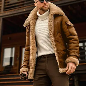 2025Men's Shearling Aviator Jacket, Genuine Leather with Faux Fur Collar and Cuffs, Winter Warm Outerwear