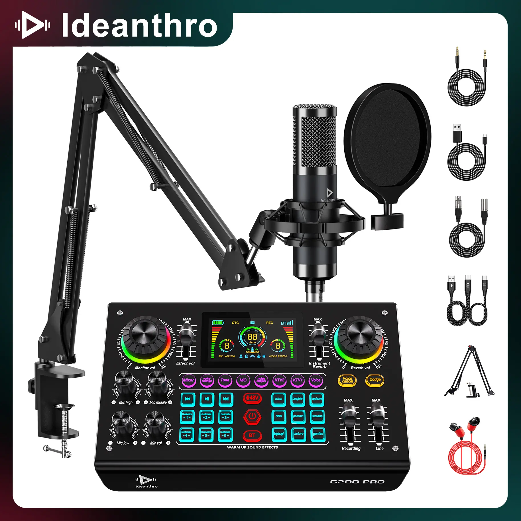 Ideanthro C200PRO-P15 Audio Mixer, Live Sound Card Podcast Bundle with XLR Microphone Connector, Professional Chipset, ouch Voice Change for Podcast,Recording,Vocal,Game Voice#TikTokShopBlackFriday