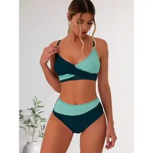 Women's 2-Piece Color Block Bikini - High Waist Bathing Suit with Cross Front Top, Elastane-Polyester Mix Fabric, Stretch-Fit Beachy Colorblock Multi-Size Size-Inclusive Bikinis Set for Beach, Pool, Beachy Bikinis Set