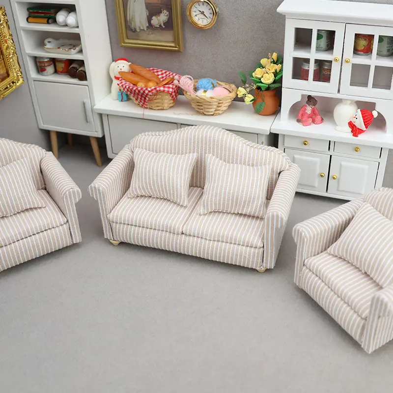 1:12 Scale Dollhouse Living Room Mini Furniture, White Striped Beige Single & Double Sofa, Micro Scene Decor Ornament