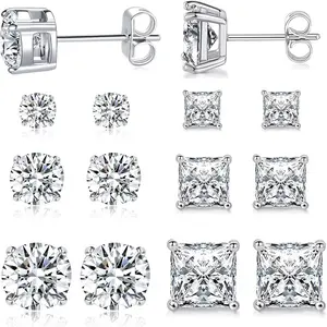 6 Pairs CZ Stud Earrings Set Cubic Zirconia Stainless Steel Hypoallergenic Jewelry for Women Men Everyday Wear Special Occasions