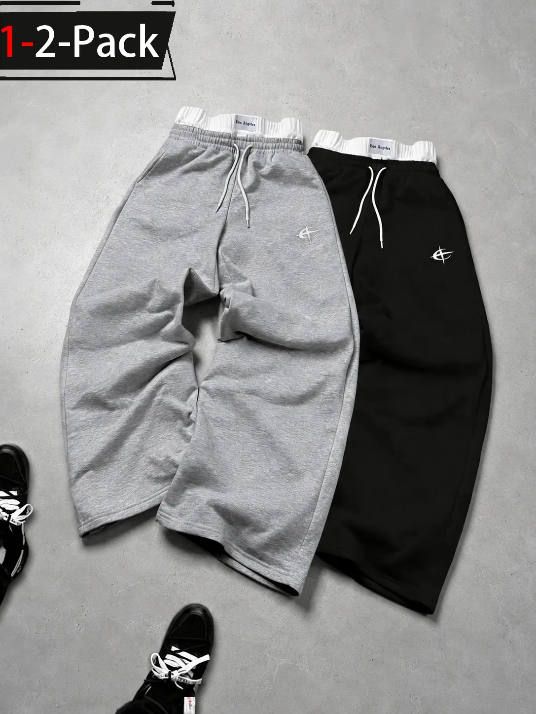 Men's Faux 2-Piece Contrast Double Waistband Graphic Print Baggy Sweatpants, Loose Fit Wide Leg Track Pants with Drawstring, Y2K Streetwear Jogger Style, Casual Athletic Lounge Pants, Hip Hop Urban Outfit, Everyday Gym Travel Pants, 1 or 2 Pack Street Fit