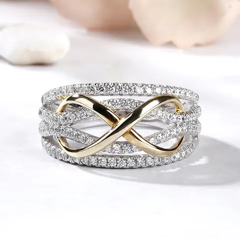 Women's 14k Gold-Plated Infinity Promise Fashion Ring - 2-Tone Decorated Multi-Row Cubic Zirconia, Metal Coating, Multi-Row Shimmer, Easy Daily Wear, CZ Wedding Band, Ring Stack for Anniversary