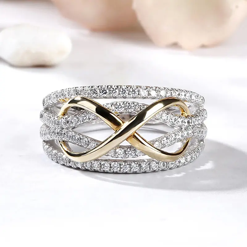 Women's 14k Gold-Plated Infinity Promise Fashion Ring - 2-Tone Decorated Multi-Row Cubic Zirconia, Metal Coating, Multi-Row Shimmer, Easy Daily Wear, CZ Wedding Band, Ring Stack for Anniversary