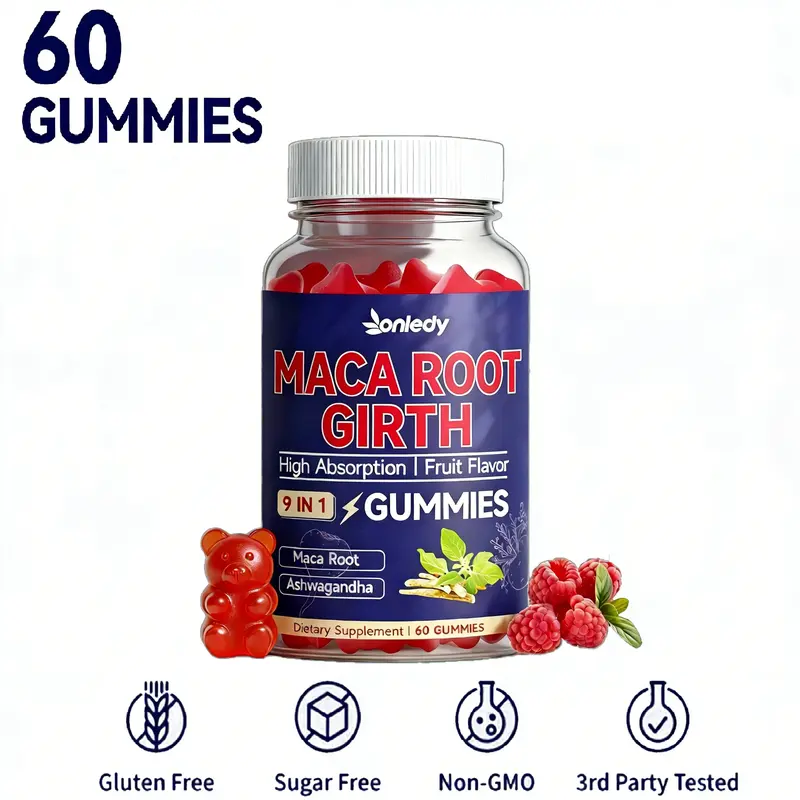 Onledy 9-in-1 Organic Herbal Dietary Supplement Gummies - 400mg Maca Root, 500mg Ashwagandha, Magnesium, Vitamin - 60 Pieces, 30+ Days Supply - Stress Relief, Daily Energy Support - Vegan & Non-GMO, Sugar-Free, Gluten-Free Raspberry Delight Maca Complex