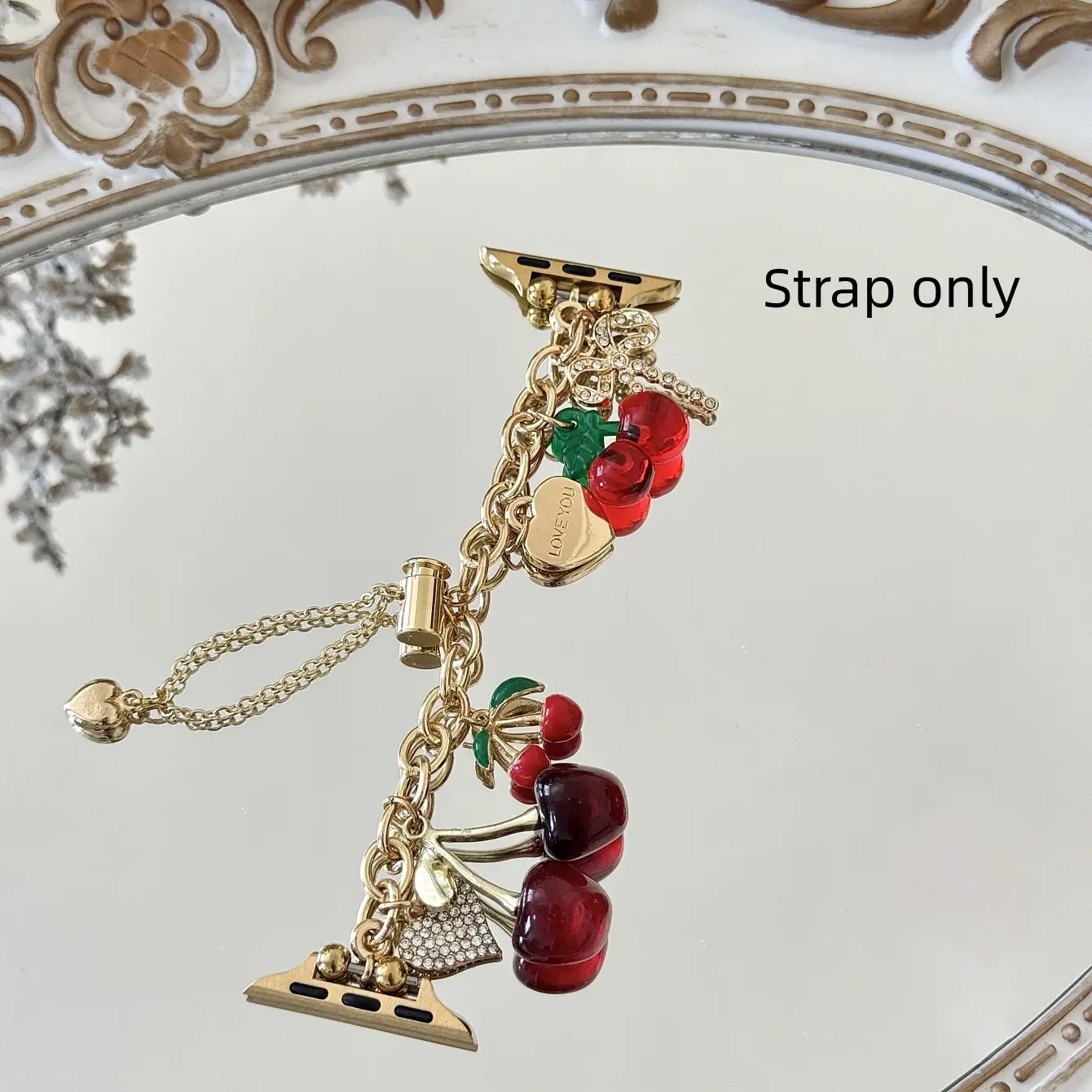 1PC metal bow cherry bracelet for Apple Watch bands, Cute Smart watch straps, smartwatch accessories, compatible with Apple Watch 38/40/41/42/44/45/46/49mm, suitable for Apple Watch series Ultra/SE/9/8/7/6/5/4/3/2/1, with cherry bow heart elements