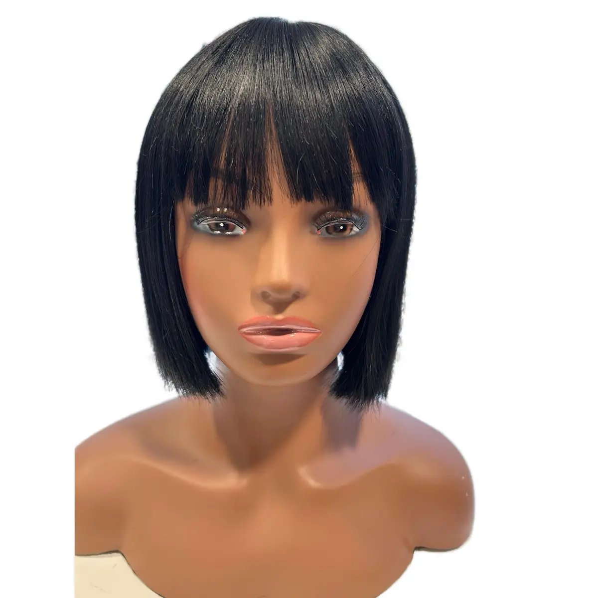 10-Inch Premium Real Human Hair Full Machine Bob Wig - Modern Kinky Straight Texture, Bangs, 1B Color, Natural Look for Daily Wear, Real Hair Wig, Premium Human Hair