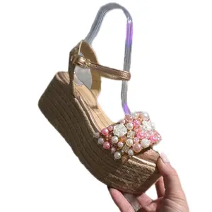 Isa Women's Comfortable Wedge Sandals with 8cm Platform & Beaded Accent Casual & Formal Footwear for Girls Elegant Party Shoes Walking Shoes