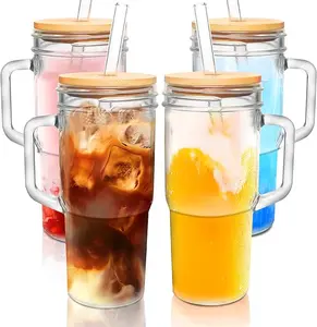 24oz Mason Jar with Handle-Glass Tumbler with Lid and Straw Wide Mouth Reusable Drinking Glasses,Valentines Gifts for Her,Gifts for Women,Boba Cup Smoothie Tumbler Iced Coffee Cup Travel Mug,Glass Bottles，