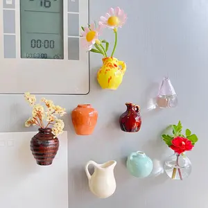 8-Piece Creative Mini Ceramic Vase Magnetic Refrigerator Decorating Magnets, Waterproof Plant Home Kitchen Decor, DIY Office Interior Ornament Summer Gift
