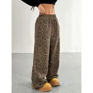 Women's Leopard Baggy Wide Leg Sweatpants Drawstring High Waisted Cheetah Print Lounge Barrel Trousers with Pockets Bottoms WomenswearGift