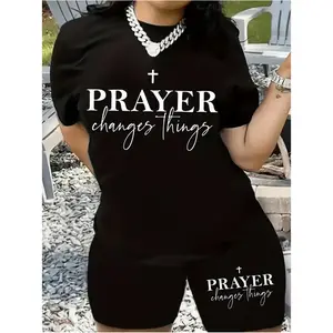 Plus Size casual loose fit Letter Print Two Pieces, Short Sleeve Crew Neck T-shirt & Biker Shorts Outfits, Women's Plus Size Clothing