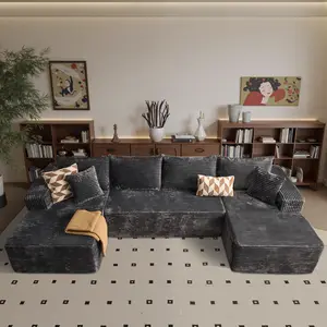 【3 Packages Shipping】127" U-Shaped Cloud Sectional Couch Plush Corduroy Modular Sofa with Double Chaise No Assembly Deep Seat Boneless Sofa Set for Living Room Fast Shipping Black Couch Living Room Boneless Furniture