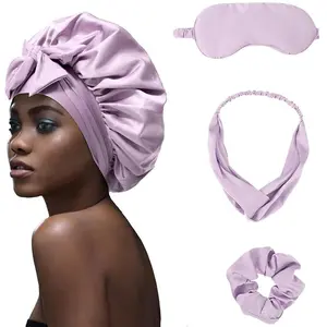 Single Layer Summer Cool Satin Bonnet Eye Mask Hairband and Hair Ring 4-piece suit Silk Like Texture Sleeping Cap for Men Women Adjustable Bonnets with Tie Band Elastic Haircare