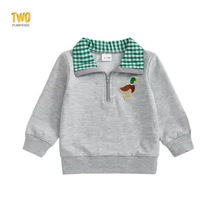 Toddler Baby Boy Fall Sweatshirt Duck Embroidered Half Zip-up Lapel Neck Pullover Tops Cute Farm Clothes